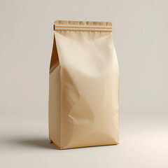 An empty brown kraft paper stand-up pouch with a zipper seal on a plain background