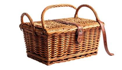 Woven picnic basket with arched handle, leather strap and buckle, isolated on black