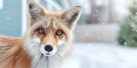 Obraz premium Playful red fox portrait in snowy yard with soft falling snow