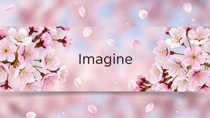 Springtime banner with blooming pink flowers, petals falling, and the word "Imagine.