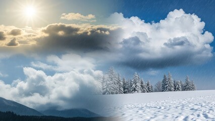 Split sky shows bright sun and a rainy storm, snow-covered forest below