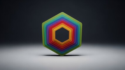 Stacked, multi-colored hexagonal forms create a vibrant, three-dimensional geometric design