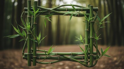Square bamboo frame adorned with green leaves, framing a blurred forest path