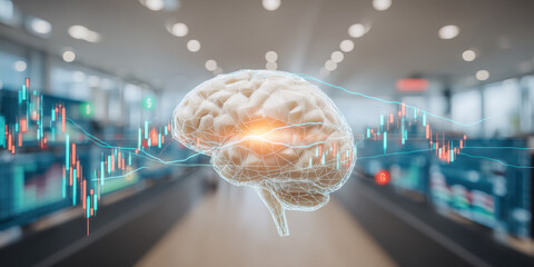 Brain with glowing neural core over blurred trading floor, futuristic data visualization