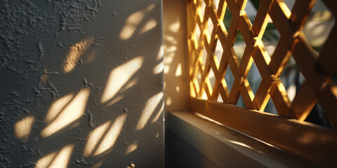 Sunlit lattice shadow pattern on textured wall with warm golden light