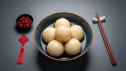 Steamed buns in a bowl, with side dishes and chopsticks on a grey background
