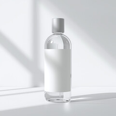 A professional product mockup of a clear bottle with a blank label on a white surface