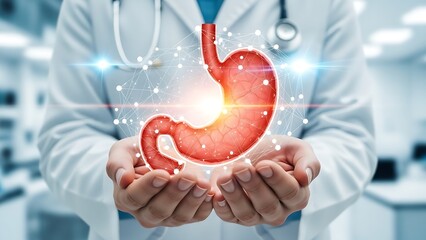 Doctor holding a glowing 3D model of a human stomach with a network overlay