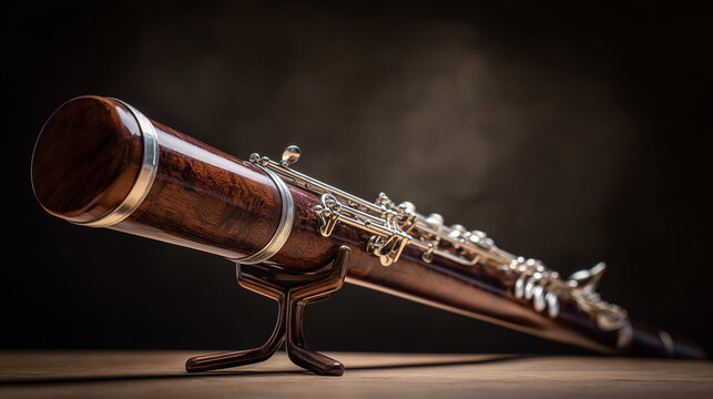 bassoon. Wooden bassoon on a stand with silver keys, detailed wood grain under soft studio lighting. lifestyle magazines, social media lookbooks, designed for influencer and brand collaborations.