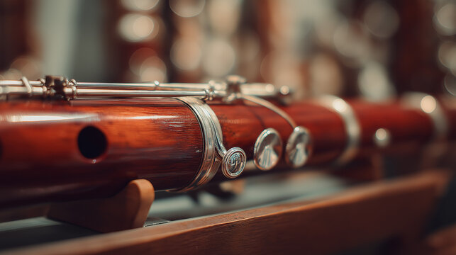 bassoon. Wooden bassoon on a stand with silver keys, detailed wood grain under soft studio lighting. lifestyle magazines, social media lookbooks, designed for influencer and brand collaborations.