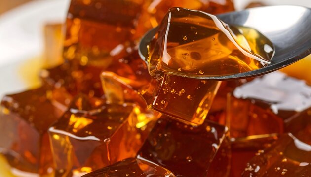 透き通る琥珀色の寒天が光を受けて美しい質感を見せる