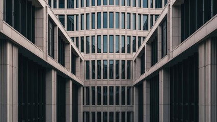 Symmetrical architectural facade with repeating rectangular windows and contrasting shadow