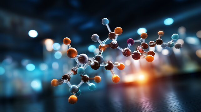 Cortisol molecular structure visualization, stress hormone in scientific detail, biochemical composition, steroid hormone, molecular model, with copy space
