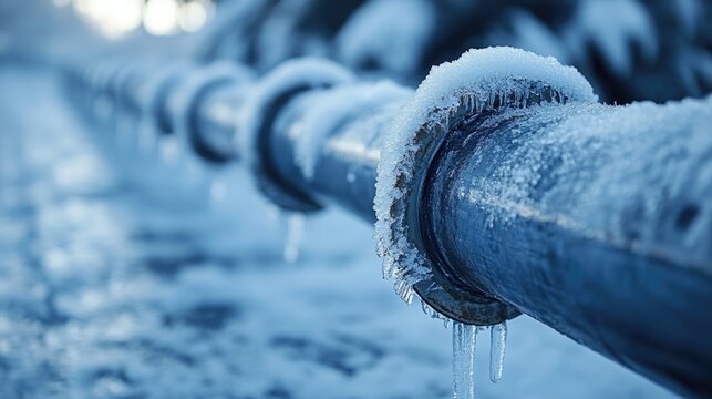 Frozen pipe with ice buildup indicating potential leakage risk
