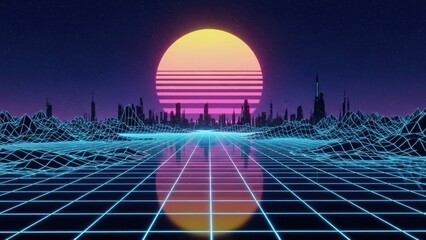 Synthwave-style digital artwork featuring a grid landscape, city, sunset, and starry sky