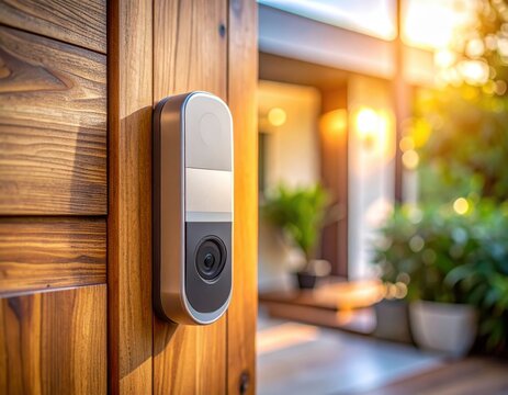 Smart doorbell camera with a physical cover slid over it entryway background defocused privacy habit doorbell camera cover home security surveillance awareness cyber hygiene