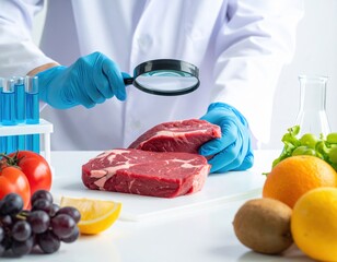 magnifying glass over meat and fruit in a laboratory setting