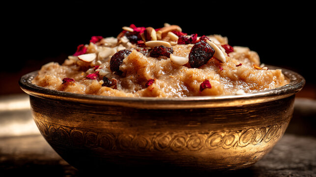 Delicious Moong Dal Halwa in a vintage brass bowl with nut garnish