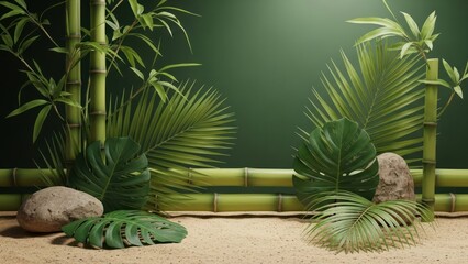 Tropical scene with bamboo, lush green leaves, rocks, and a sandy floor, against a dark backdrop