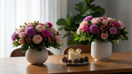 Two floral arrangements with a candle centerpiece on a wooden table