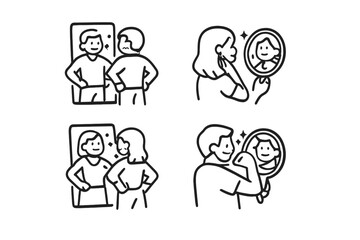 Obraz premium Self-care icons showing people looking in mirrors and applying makeup or jewelry