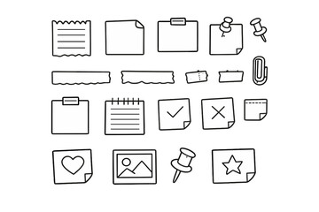 Hand-drawn sticky notes and office supplies icons