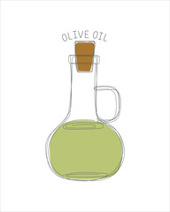 Olive oil. Line art. Natural vegan vegetable oil. Glass bottle. Linear outline drawing. Food and drink. Vector illustration.