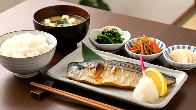Traditional Japanese meal featuring grilled fish, rice, miso soup, and assorted side dishes