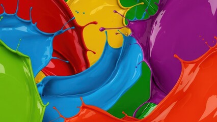 Vibrant splash of colorful liquids, intermingling, dynamic shapes, high-speed, glossy, smooth textures