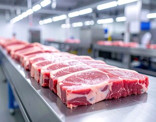 Fresh pork display, meat plant environment, industrial food facility, processing operation scene, commercial meat production, quality control emphasis, temperature-controlled setti 