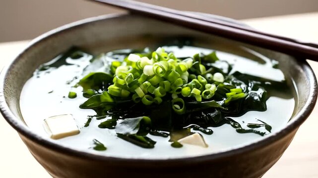A close-up of a bowl of miso soup with seaweed and green onions on a wooden table
