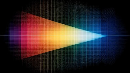 Prism expanding into a colorful spectrum of light on a black background with grid overlay