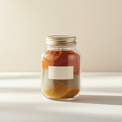 A clear glass jar filled with vibrant layers of colorful spices against a simple backdrop