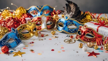 Vivid Venetian masks & festive decorations on a rustic white surface