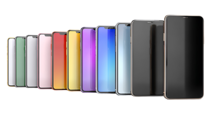 Collection of colorful smartphones in a row isolated on transparent background