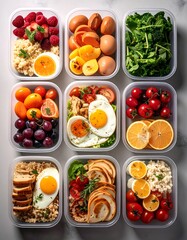 Nine meal prep containers showcasing various nutritious food combinations