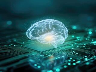 Glowing holographic brain above digital network grid