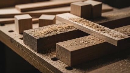 Wooden blocks and planks covered in sawdust rest on a woodworking workbench