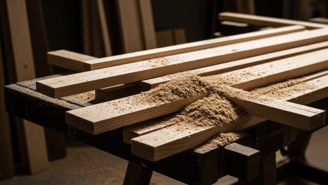 Wood planks and sawdust rest on a workbench, suggestive of carpentry work in a workshop