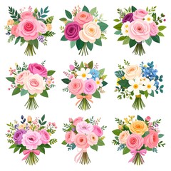 Nine stylized bouquets featuring roses and various blossoms