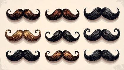 Nine stylized mustache illustrations showcasing various colors and styles
