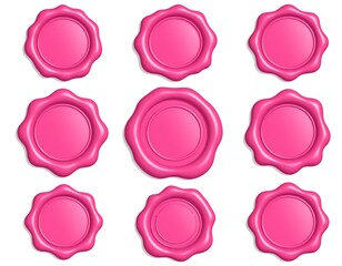 Nine stylized pink wax seals arranged on a white background