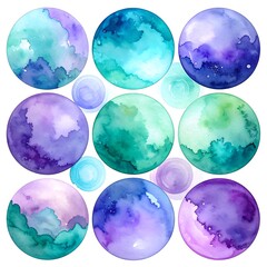 Nine watercolor circles in shades of blue, green, and purple
