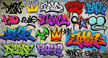 Obraz premium Assortment of colorful stylized urban lettering and graphic elements applied to a concrete surface