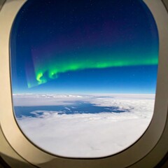 Northern lights display viewed through a circular airplane window