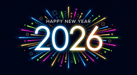 Happy New Year 2026 Celebration with Colorful Fireworks and Modern Typography