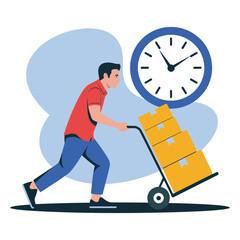 A delivery worker pushes a hand truck with packages to ensure timely and express delivery.