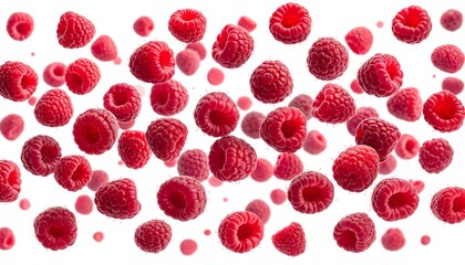 Numerous ripe, red berries appear to float against a plain white background