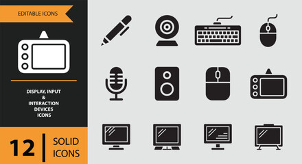 Solid icons set showcasing essential display, input, and interaction devices for modern technology