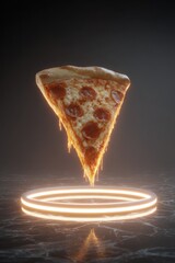 A floating slice of pizza with gooey cheese and pepperoni, illuminated by a glowing circle against a dark background.